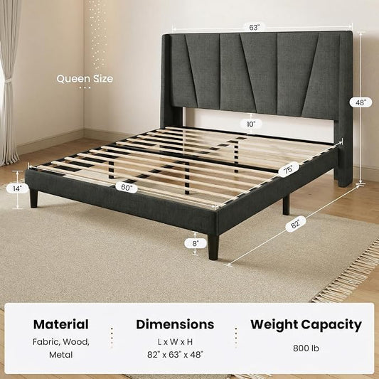 SHA CERLIN Queen Size Bed Frame with Geometric Wingback Headboard, Upholstered Platform Bed with Wooden Slats Support, 8" Under-Bed Space, No Box Spring Needed, Easy Assembly, Grey