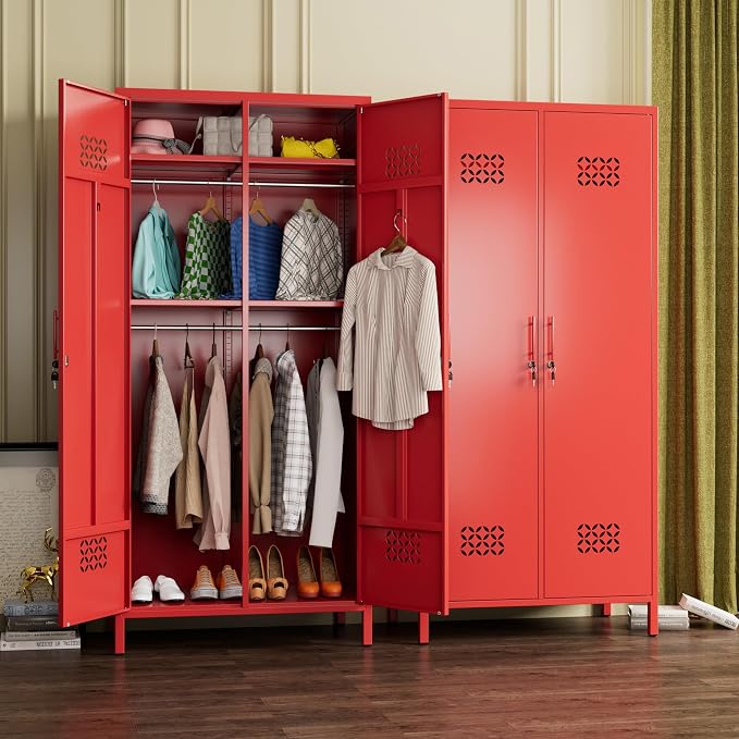 SUPEER 2 Door Red Metal Storage Locker Wardrobe Cabinet | 71 in metal wardrobe cabinet with lock, adjustable shelves, and hanging rods for home, office, garage, gym, or staff storage.