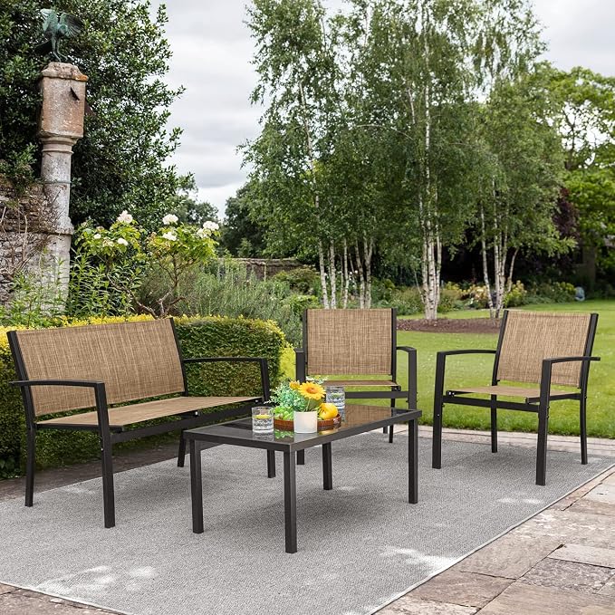 Devoko 4 Pieces Patio Furniture Set Outdoor Garden Patio Conversation Sets Poolside Lawn Chairs with Glass Coffee Table Porch Furniture (Yellow)