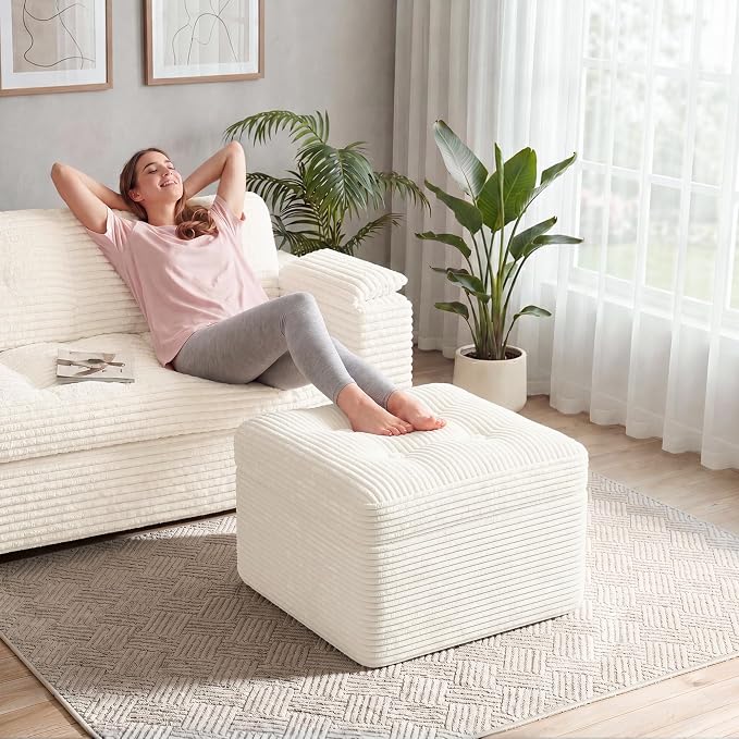 23.6in Pouf Ottoman, Corduroy Ottoman Foot Rest with Dual‑Layer Support, Large Plush Pouf with Soft Chunk‑Foam Top & Firm Foam Base, Floor Foot Stool for Living Room, Beige
