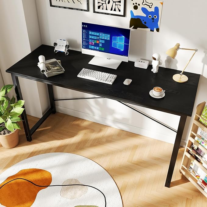Sweetcrispy Computer Office Desk 55 Inch Student Study Writing Work with Metal Frame Wood Tabletop Modern Simple PC Home Bedroom Table - Black, Sturdy Compact Desk for Laptop, Study, Gaming
