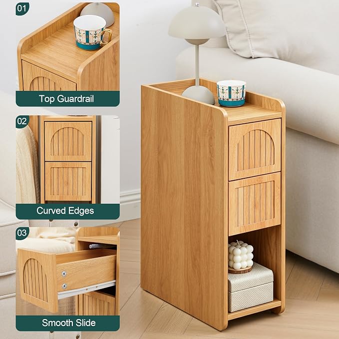 Narrow Nightstand Set of 2, Wooden Small 2 Drawer Nightstand, Slim Side End Table, Skinny Bedside Table, Mid Century Modern Night Stand with Drawers for Bedroom (Yellowish Natural)