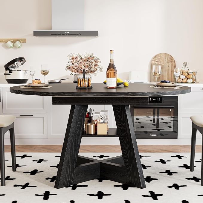43.3in-59in Extendable Dining Table for 4-6, Round Kitchen Dining Room Table with Removable Leaves Space Saving, Space Saving, Wooden Cross Base with Storage Shelf for Kitchen Living Room (Black)
