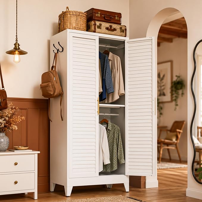 Metal Armoire Wardrobe Closet, 71" Clothing Storage Cabinets with Adjustable Hanging Rod, Louvered Doors, 2 Side Hooks & 2 Adjustable Rod- Closet Cabinet for Bedroom, Laundry Room, Cloak Room