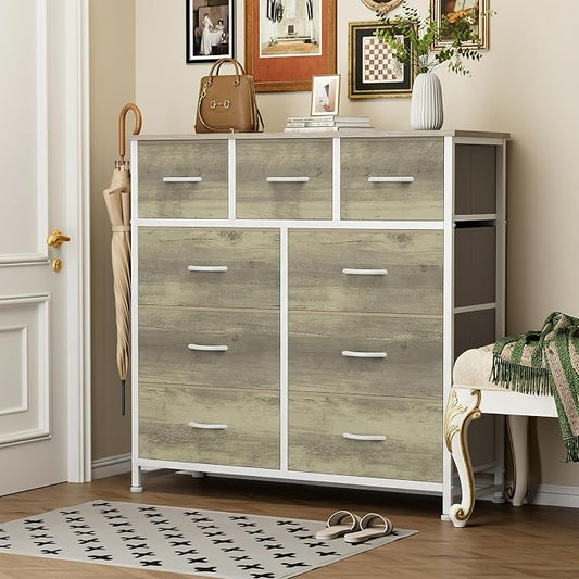 Sweetcrispy 9 Drawer Fabric Dresser Storage Tower with Wood Top and Steel Frame, Organizer Chest with Easy Pull Handles for Bedroom, Closet, Hallway,Oak Greige