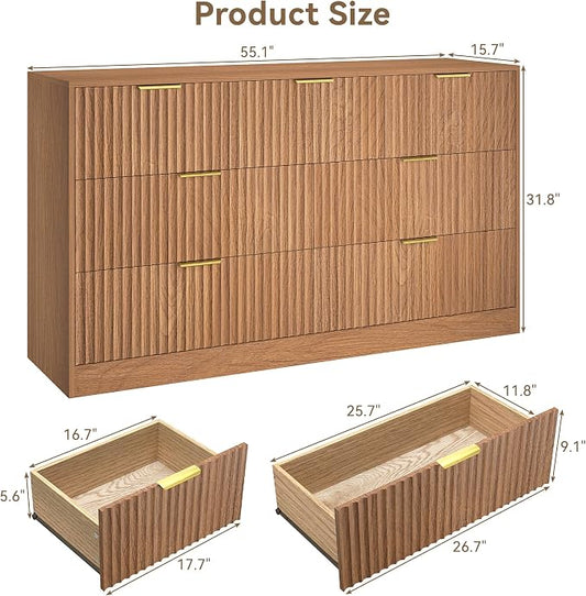 7 Drawer Dresser for Bedroom, 55" Wide Fluted Chest of Drawers with Gold Metal Handles, Modern Wood Dresser Closet Storage Organizer Mid Century TV Stand for Living Room Hallway Light Walnut