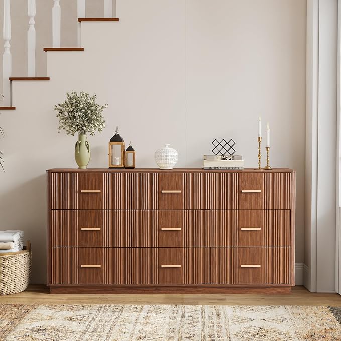 Fluted Dresser for Bedroom with 9 Drawers, 59" Wide Mid Century Modern Chest of Drawers, Wooden Dresser TV Stand, Wood Closet Clothes Storage Organizer for Living Room Hallway, Walnut