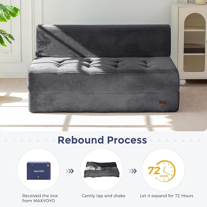 MAXYOYO 8" Folding Sofa Bed, Fold Out Chair Bed, Convertible Floor Sofa Couch, High-Density Foam Tufted Lounge Couch for Living Room Bedroom Dorm, Loveseat, Dark Grey