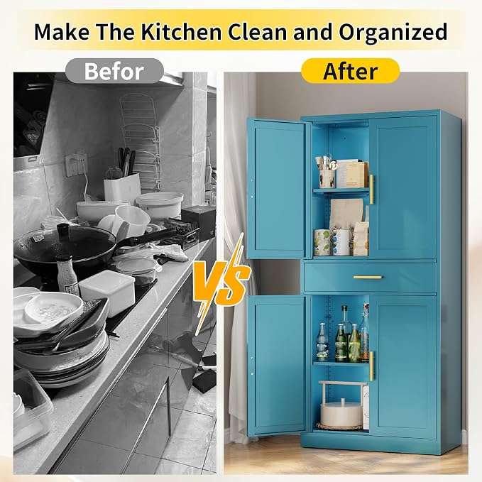 Metal Kitchen Pantry Cabinet, 71"Tall Cabinet with 1 Drawer, Doors and 2 Adjustable Shelves, Pantry Cabinets for Kitchen Storage, Metal Storage Cabinet for Kitchen, Dining Room, Living Room- Blue