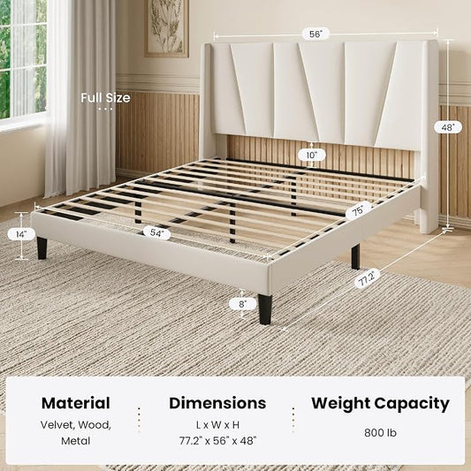 SHA CERLIN Full Size Velvet Bed Frame with Geometric Wingback Headboard, Upholstered Platform Bed with Wooden Slats Support, 8" Under-Bed Space, No Box Spring Needed, Easy Assembly, Cream