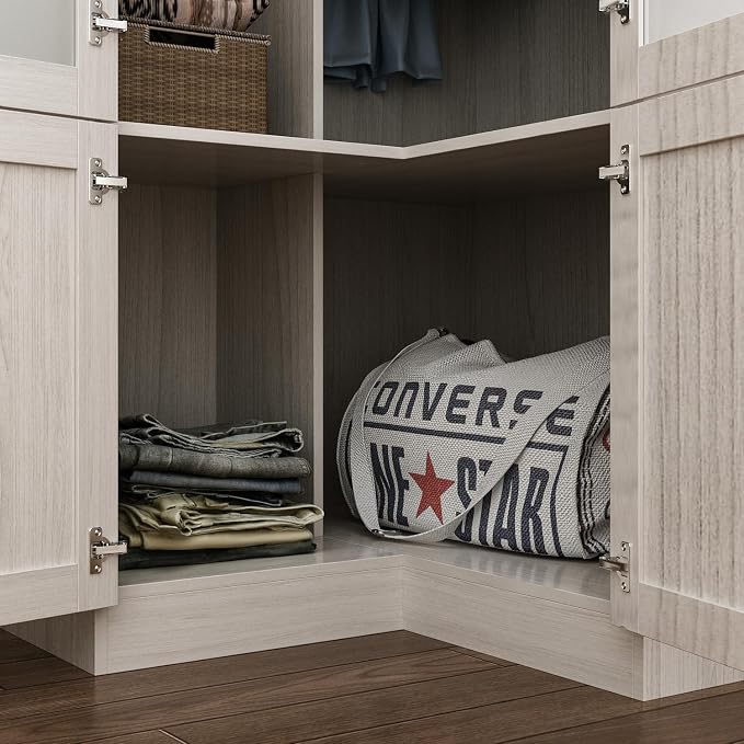 MOUMON Tall Corner Wardrobe, L-Shaped Modern Bedroom Armoires with Frosted Glass Doors and Hanging Rod, Corner Armoire Closet for Clothes Storage, Wood Grain 35.4" W x 35.4" D x 86.6" H