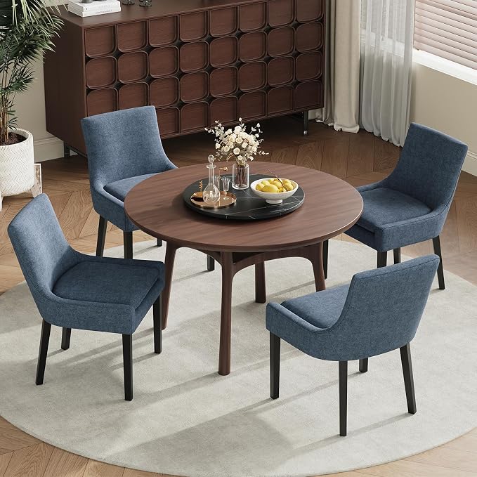 Modern Dining Room Chairs Set of 6 with Mid Back and Wood Legs, Upholstered Kitchen Chairs for Dining Room/Living Room, Blue