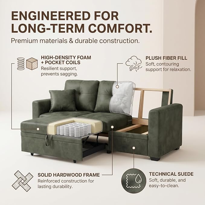 TYBOATLE Convertible Sofa Bed Couch with Reversible Storage Chaise, 71" L Shaped Pull Out Couch Bed, Comfy Linen Fabric Sleeper Sofa for Living Room, Apartment & Guest Room (Green)