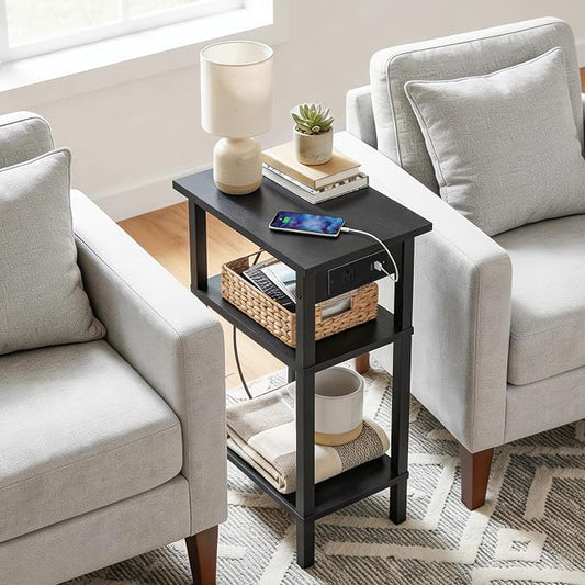 HOOBRO Narrow Side Table, 3-Tier Slim End Table with Charging Station, Skinny Nightstand with Open Storage, for Small Spaces, Living Room, Bedroom, Study, Rustic Brown and Black BB340UBZ01