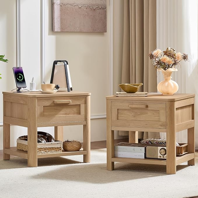 Joaxswe Farmhouse Night Stand Set of 2 with Charging Station, Wood Bed Side Tables Bedroom Set of 2 with Drawer & Open Storage Shelf, Natural Wood