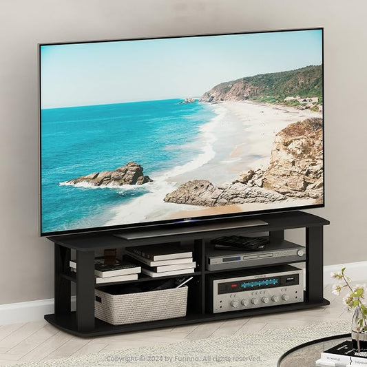 Furinno Nelly TV Stand, 3-Tier Entertainment Center with Open Shelves Storage, TV Console for TV up to 55 Inch, Soft Edges, for Living Room, Bedroom, Black