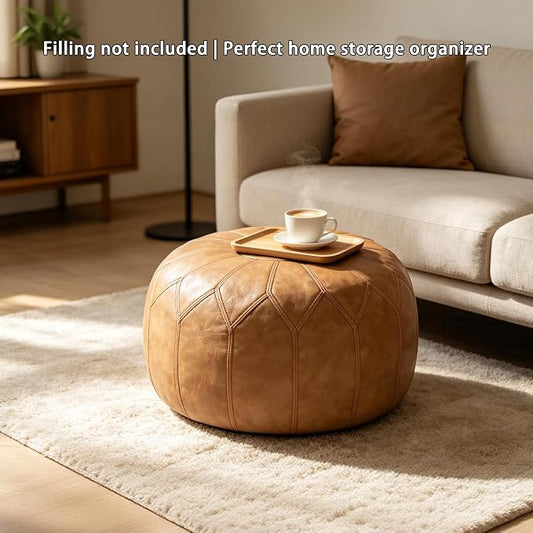 Thgonwid Unstuffed Moroccan Faux Leather Pouf Ottoman Cover with Storage - Boho Chic Multi-Use Footrest for Living Room, Bedroom, Patio - Round Ethnic Floor Cushion & Decorative Accent, Khaki