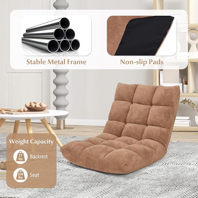 14-Position Floor Sofa, Folding Gaming Sofa Chair, Comfy Cushions & Study Steel Frame, Angle Adjustable Sleeper Bed, Couch Recliner (Tan)