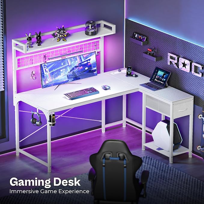 PRAISUN L Shaped Gaming Desk with Shelves, Corner Computer Table with LED Lights, Power Outlets and USB-C Ports, 50 Inch Reversible Home Office Desk with Storage Drawer, for Work and Study, White