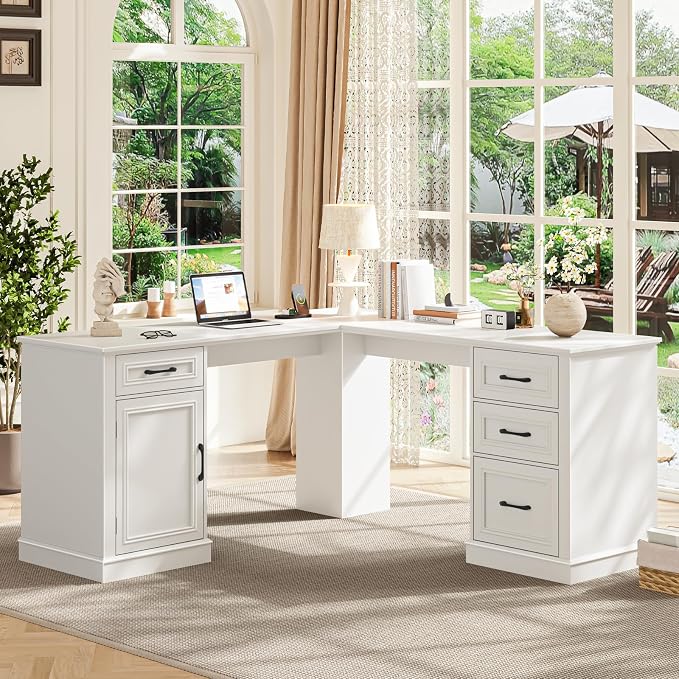 Halitaa Farmhouse 59" L-Shaped Executive Desk with Drawers, Wood Home Office Corner Desk with File Drawer, Storage Cabinet, Rustic Computer Writing Desk for Home Office. White