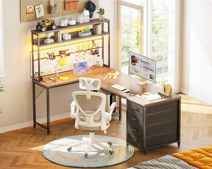 AODK L Shaped Desk Gaming Desk with LED Light & Power Outlet, 59 Inch Reversible L Shaped Computer Table with 4 Drawers for Home Office, Grey