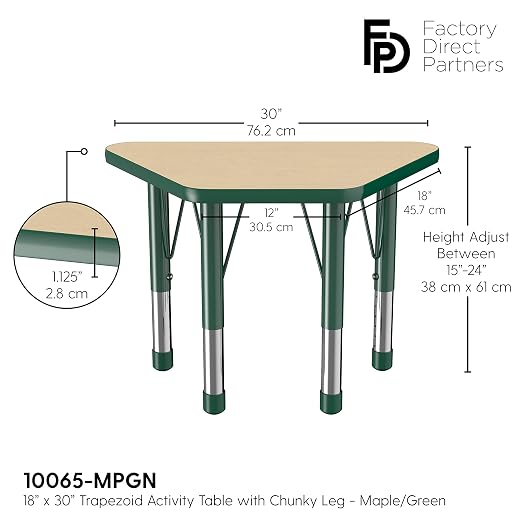FDP Trapezoid Activity School and Classroom Kids Table (18 x 30 inch), Chunky Toddler Legs for Collaborative Seating Environments, Adjustable Height 15-24 inches - Maple Top and Green Edge