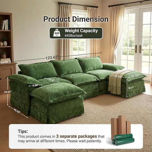 Claiks 123" Modular Boneless Couch, U Shaped Couch for Living Room, Modern Deep Seat Sofa 3 Seater Chenille Fabric Comfy Cloud Couches with Movable Ottoman, Dark Green