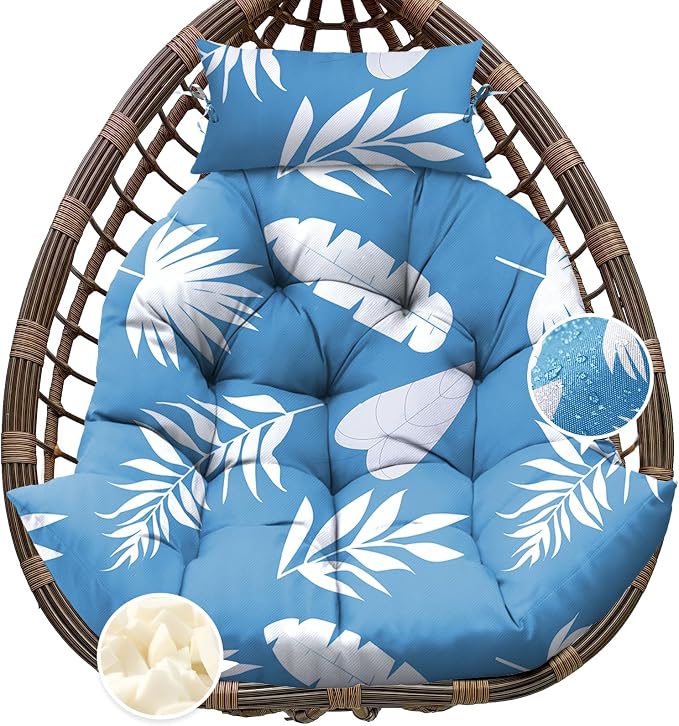 Outdoor Hanging Egg Chair Cushion Replacement, Extra Large Waterproof Egg Swing Cushions with Headrest Pillow and Ties, U-Shaped Thickened Cushion for Hanging Eggs Chair (Blue Leaf)