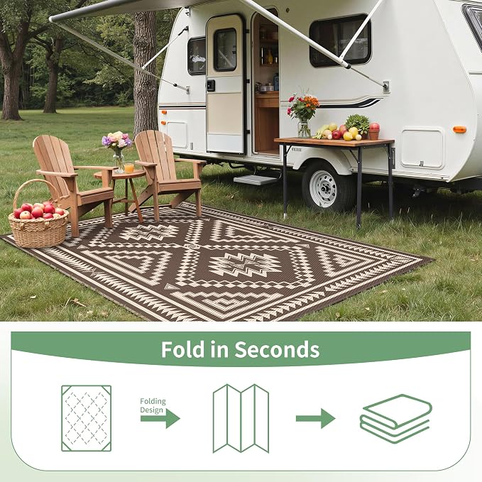 GENIMO Outdoor Rug for Patio Clearance - 5x8 ft Waterproof Plastic Camping Rugs, Reversible Outside Rv Mat Carpet for Porch, Deck, Picnic, Balcony, Beach, Backyard, Coffee Beige