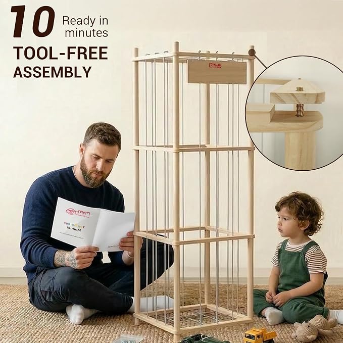 KiddoCood Kids CPC & TIC Certified Stuffed Animal Storage - 3-Tier Large Natural Solid Wood Plush Toy Organizer & Holder, Corner Solution for Playroom & Nursery, BPA-Free & Zero Glue, 53" H