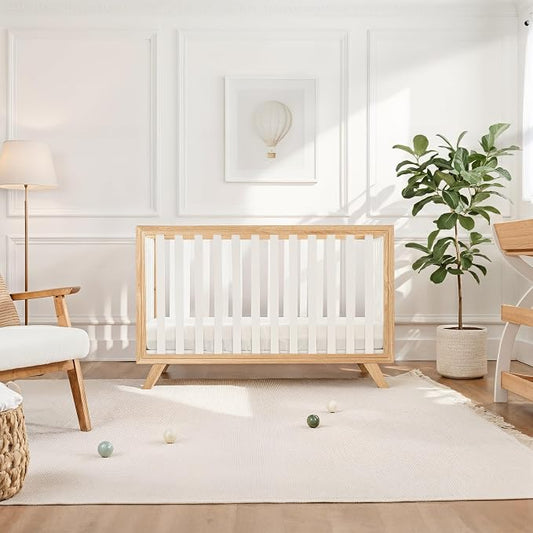 Comfy Cubs Baby Crib for 0 to 3 Years - Adjustable Mattress Height, Natural Wooden Crib for Baby, Elegant Nursery Furniture - 80 lbs Capacity Nursery Bed - White Bars with Natural Wood Frame and Legs
