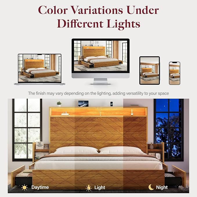 Queen Size Bed Frame with 2 Bedside Storage Racks & 4 Locking Drawers, 51.2" Tall Headboard with Charging Station & RGB LED Lights, Farmhouse Platform Bed Frame, No Box Spring Needed, Brown
