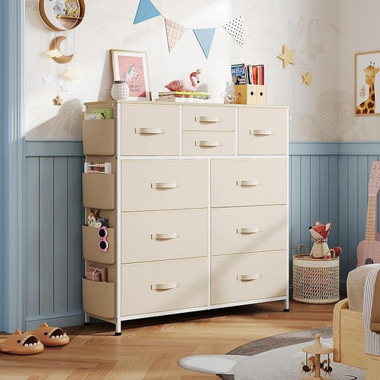 WLIVE Fabric Dresser for Bedroom with 10 Drawers, Chest of Drawers with Side Pockets and Hooks, Sturdy Metal Frame, Drawers Organizer Unit for Living Room, Hallway, Cream White