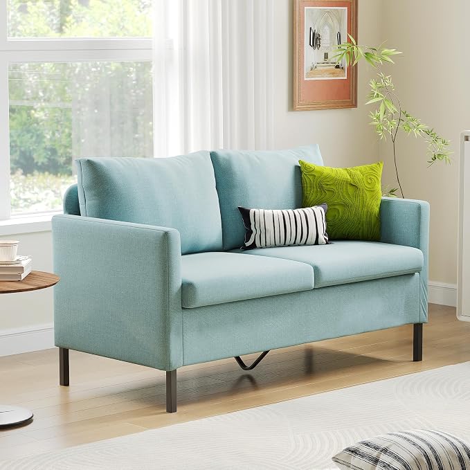 TYBOATLE 51" W Linen Fabric Upholstered Modern Loveseat Sofa Couch for Living Room, Love Seats 2-Seater Furniture w/Iron Legs for Compact Space, Apartment, Bedroom, Dorm, Office, Aqua Blue