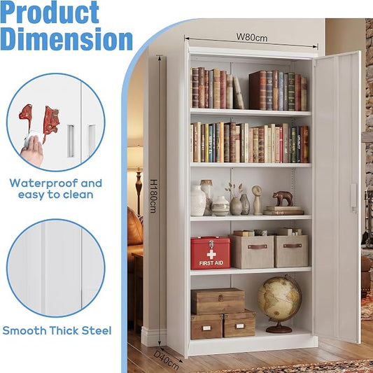 SUXXAN Metal Storage Cabinet with Doors and Shelves, 71" H Locking Steel Garage Cabinet for Home Office Studio Pantry, Tall Tool File Cabinet Assembly Require, White