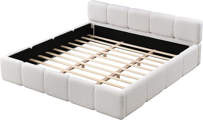 Merax King Size Boucle Platform Bed with Thick Headboard and Footboard, Block Style Upholstery Floor Bed Frame, White