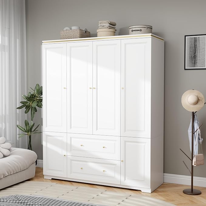 White Wardrobe with 2 Drawers: 74" Large Wardrobe Closet for Hanging Clothes, Tall Armoire Closet with 4 Doors, Bedroom Armoires with Hanging Rod (59")