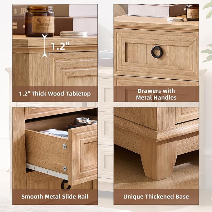 Joaxswe 18" Farmhouse Night Stand with 3 Drawers, Wood End Table for Bedroom, Natural Wood Nightstand, Bed Side Table with Metal Handle, Bedside Cabinet for Bedroom Living Room