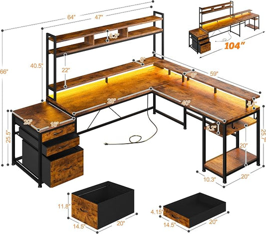 EnHomee 104" L Shaped Desk, 4 Layout Convertible RGB Lights & Monitor Stand | 4-layout l shaped home workstation, 64–104“expandable, charging ports, dual mounts & storage for remote workers, designers