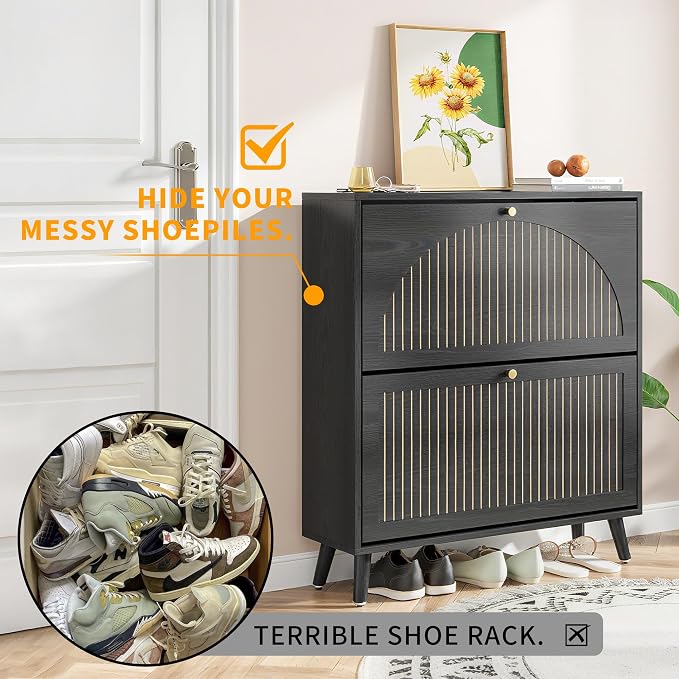 Fsbecl Shoe Storage Cabinet for Entryway with 2 Flip Drawers, Narrow Wood Shoe Cabinet with Fluted Panel, Freestanding Hidden Shoe Organizer for Foyer, Hallway (Black - with Shelf)