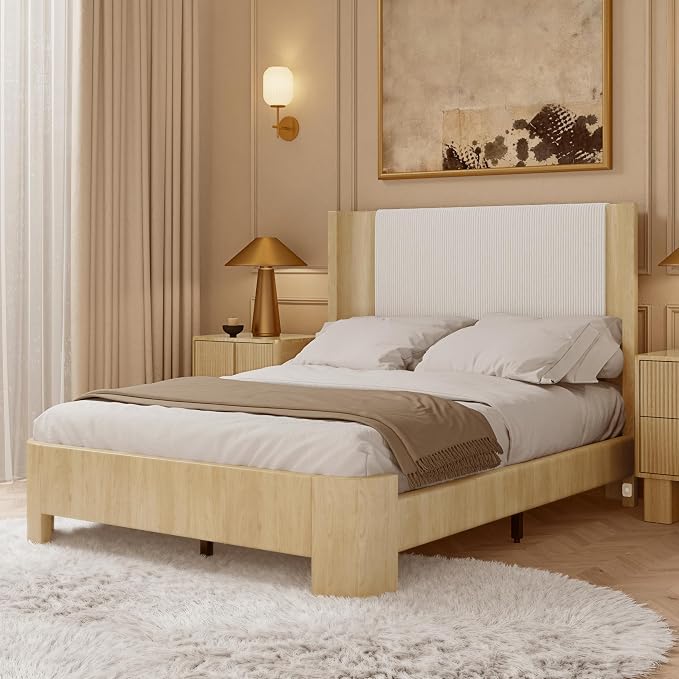 Full Size Upholstered Platform Bed Frame with Wingback Headboard, Motion-Sensing LED Lights, Sturdy Slats, Mattress-Lock Footboard, PU Leather,No Box Spring Needed, Easy Assembly, Whitewashed Oak
