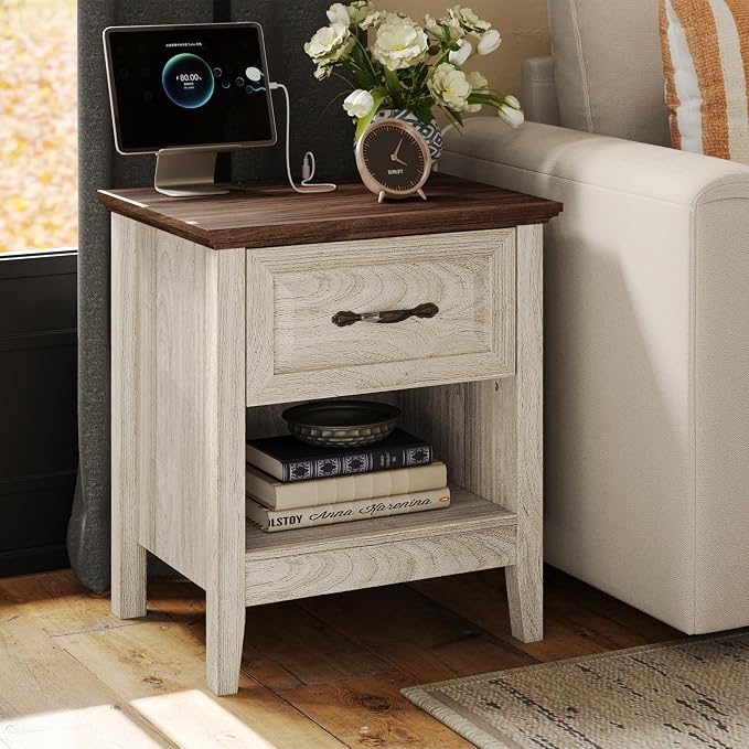 LINSY Night Stand 18.9" Farmhouse Wood Night Stand with Type-C Charging Station Open Storage Shelf Nightstands with Drawer Side Table End Table for Bedroom Living Room Sofa Couch Office Beige