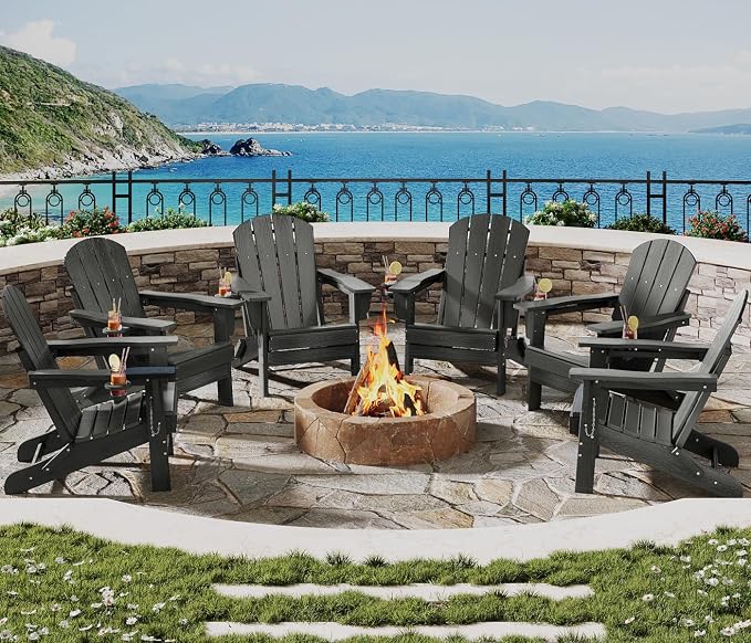 Garvee Folding Adirondack Chair Set of 4 with 2 Side Table, HDPE Outdoor Patio Chair with Cup Holder, All Weather Resistent Wooden Textured for patios, Decks, Gardens, fire Pit, Grey