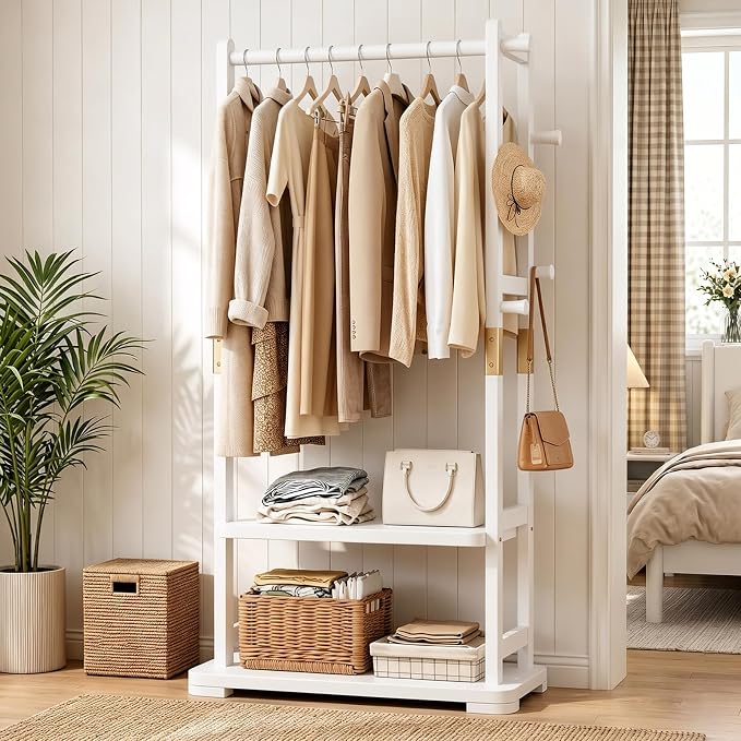 Solid Wood Clothes Rack with 2 Shelves & 4 Hooks for Hanging Clothes Garment Wallets Hats, White Clothing Rack Heavy Duty Coat Rack Freestanding with Storage Hall Tree for Hallway Bedroom Living Room