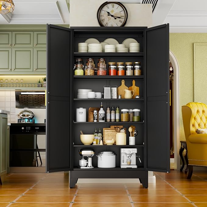 Black Metal Storage Cabinet,75" Steel Cabinets for Home Office, Kitchen Pantry Storage Cabinet with Doors and 5 Adjustable Shelves, Tool Cabinets, for Office, Home, Garage, School, 36W