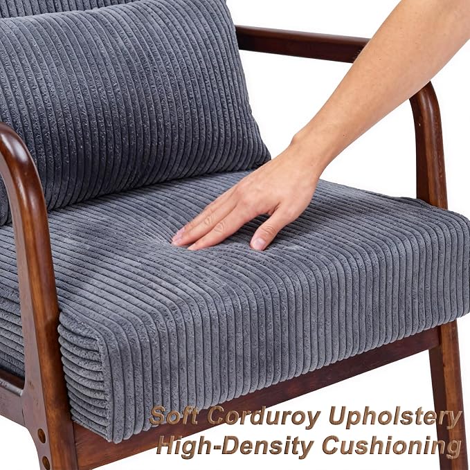 Set of 2 Mid Century Modern Accent Chair with Solid Rubber Wood Frame, Comfy Corduroy Reading Armchair with Lumbar Pillow, Heavy Duty Lounge Chair for Bedroom, Living Room & Small Spaces