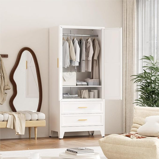 Washsemba 71'' Farmhouse Metal Wardrobe Cabinet with Hanging Rod, 2 Barn Door Wardrobe Closet with Adjustable Shelves,2 Drawer,for Dining Room,Bedroom,Living Room, Cloak Room,Office (White)