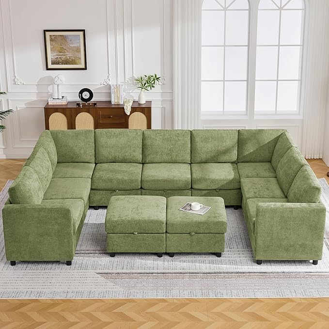 WUTUTUEE 25" Square Storage Ottoman for Modular Sectional Sofa, Convertible Couch Footrest with Hidden Compartment, Chenille Upholstered Coffee Table & Extra Living Room Seating, Green