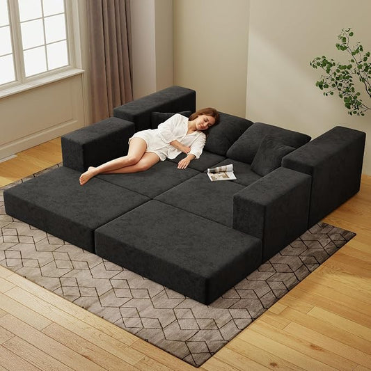 Cloud Modular Sectional Sofa, Comfy Boneless Couch for Living Room, Modern L-Shaped Couch with Reversible Chaise, Customizable Sleeper Sofa with Non Slip, No Assembly & Deep Seat, Black