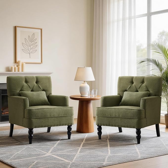 HUIMO Set of 2 Accent Chairs for Living Room, Tufted Upholstered Club Chairs with Lumbar Pillows, Vintage Reading Armchairs with Solid Wood Legs for Bedroom Apartment, Olive Green